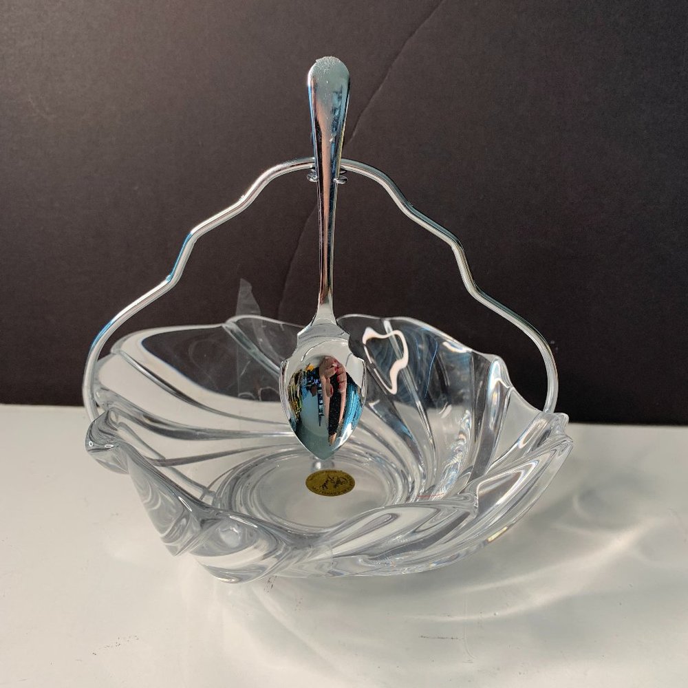 CLAIRE BURKE CRYSTAL DISH METAL HOLDER SPOON NEVER USED 6.75 IN MADE IN FRANCE